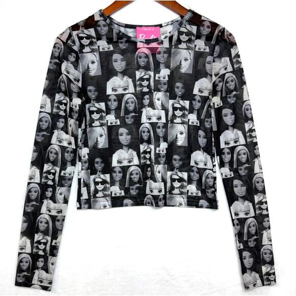 Barbie x Forever 21 Small Long Sleeve Top Sheer Mesh Doll Print Black Festival - Picture 2 of 13
